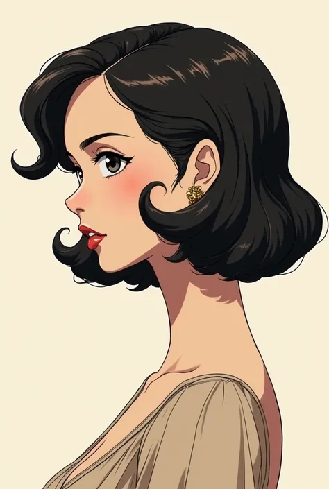 In one piece oc Classic Anime Manga art style in side profile elegant woman with vintage classic voluminous chin length old money bob bob rounded shape with side swept bangs haircut 