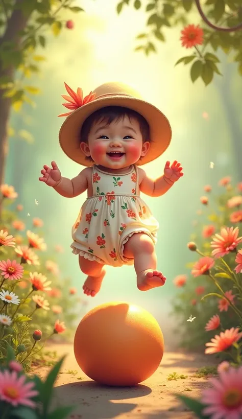 A baby in a flowery outfit and a hat ,  pulando em cima de uma bola grande