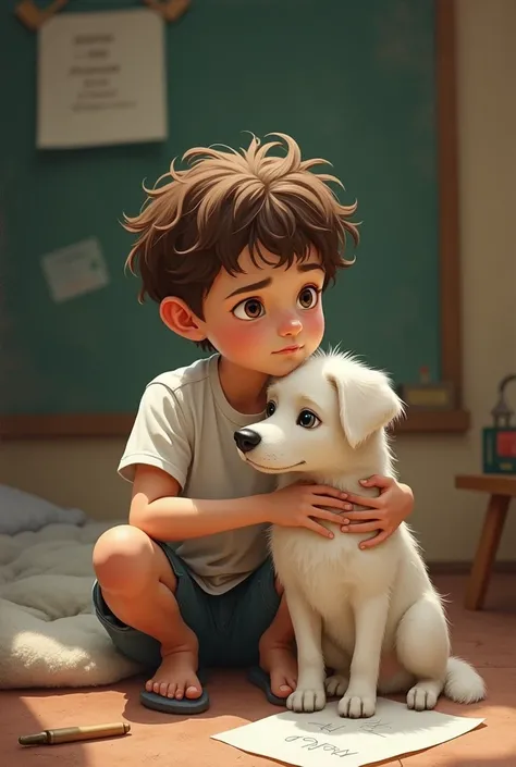 Create an image of a boy together with his white dog thinking of solutions for problems 