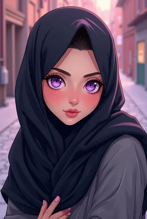 Cartoon anime style turkish Muslim women with, black hijab and gray Abaya and purple eyes.