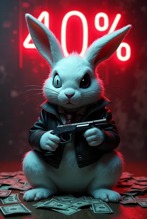 White rabbit, dirty, Humanized,  sitting on the money,  right eye white , left eye black, Position of a loan shark ,  holding a gun , evil face , neon sign on written background "40%"