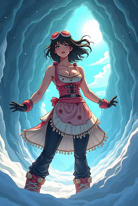 colored manga, Hirohiko Araki artist. a perky woman wearing intricate wearing wide décolletage sleeveless apron, icy caverns, standing in a snowboarding pose, dappled sunlight, dappled shadows, volumetric lighting