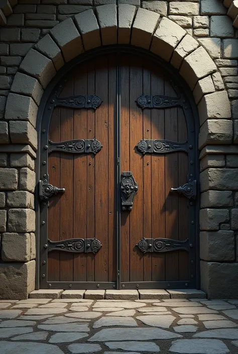 Giant wooden door in the underground of a medieval-style castle inside a medieval room in a stone castle, showing just the door, without anyone