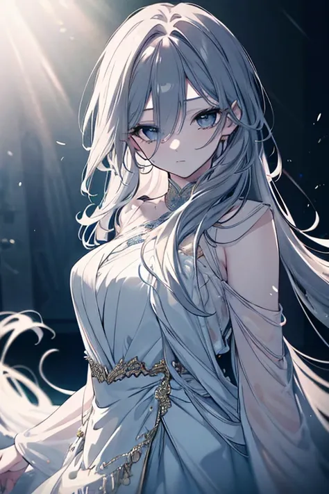 a beautiful young woman with long flowing hair, elegant dress, confident pose, gazing intensely at the viewer, warm lighting, detailed facial features, photorealistic, cinematic, dramatic lighting, muted color palette, high quality, art piece