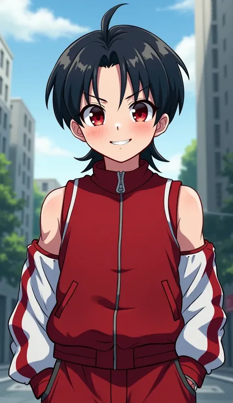 Boy,  black hair, dark red eyes, strong body,  mischievous smile,extremely pale skin, red and white basketball player outfit with jacked [[[ high quality ]]][[[tall details ]]] Ultra HD,  high resolution,  anime style , in the city, short mullet with parte...