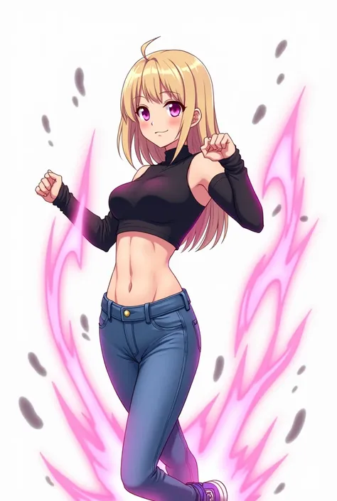 young adult , with straight and long blond hair  ,   pink eyes   ,  wearing a short black blouse with long sleeves only on the left arm and no long sleeves on the right arm with the shoulder showing on the right arm, Dins blue pants  ,blue sneakers, with p...