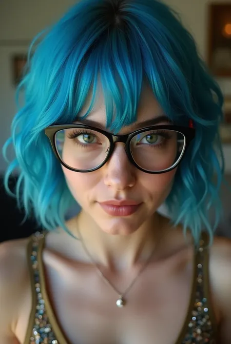 Create a pornographic image of a woman with short blue hair and glasses 