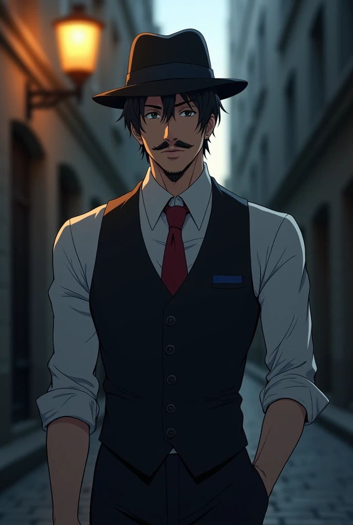  Use anime traits!


He is only , 1, 84 m tall and has broad shoulders .
* face: square,  young with a prominent mustache and goatee. without cutlets.
 * Hair: therefore,  of medium length , covered by a black fedora hat .
 * clothes:  formal white shirt ,...