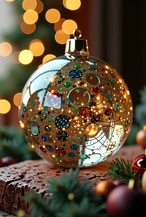 a beautiful ornament sphere made of recycled materials, ctt company film commercial, detailed glass ornament, christmas ornament, intricate details, glass, metal, wood, environmentally friendly, reflective surface, holiday, festive, seasonal, warm lighting...