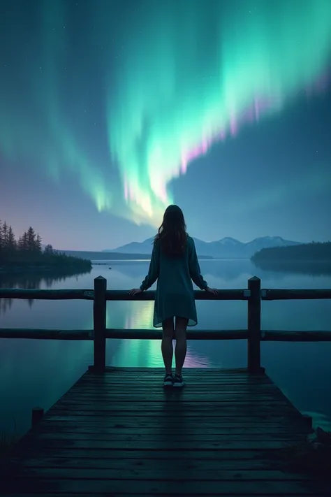 Une femme de dos accoudée a une jetée en bois qui regarde lhorizon, ciel daurore boréale 