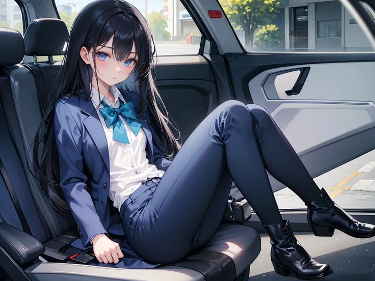 high school student ， Has long, dark hair ， with warm blue eyes ， Wore a fresh blue suit and black boots ， pure white collar and bright green bow 。 has long dark hair and warm blue eyes ， sitting in a car seat ， spread legs