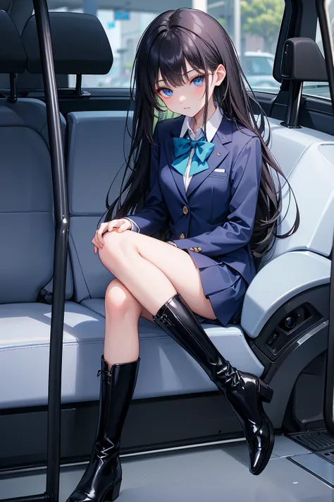 high school student ， Has long, dark hair ， with warm blue eyes ， Wore a fresh blue suit and black boots ， pure white collar and bright green bow 。 has long dark hair and warm blue eyes ， sitting in a car seat ， spread legs