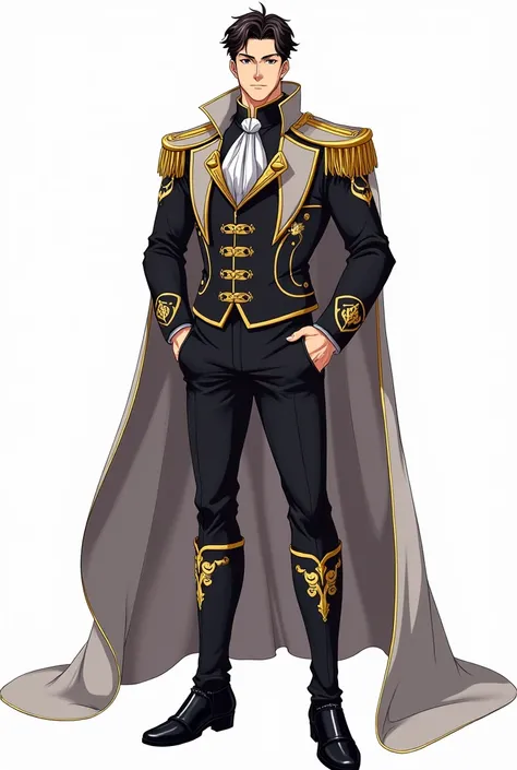 Full-length adult guy on a white background in anime style in a prince costume without a hat