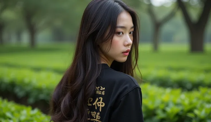  Beautiful Korean Thai woman with long straight hair wears black T-shirt with inscription "Ancestral teachings of the archipelago "  golden and clear writing on the back of the tea garden 