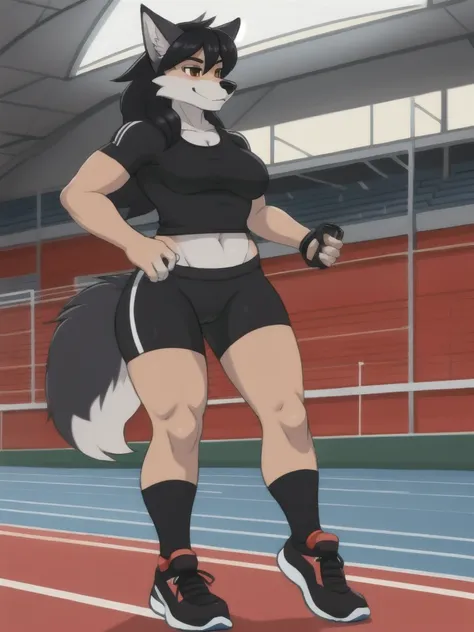 Furry, wolf, female, black shirt, black spandex bike shorts, shoes, indoor running track, s, adult, competitor, full body