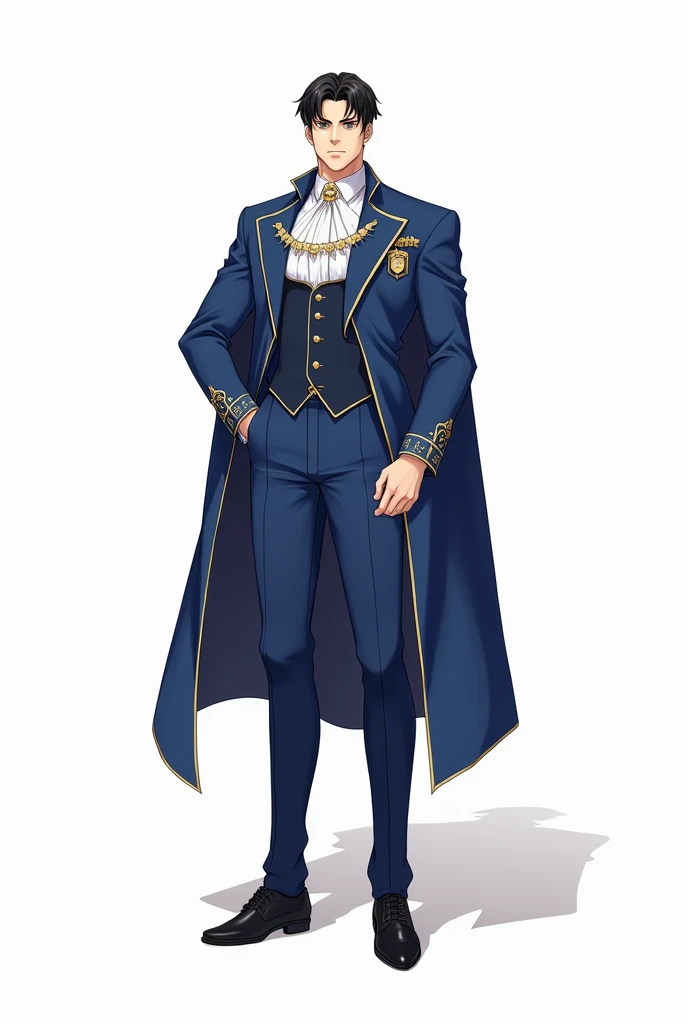  Full-length adult guy on a white anime-style background dressed as a prince without a headdress with dark hair, blue suit 