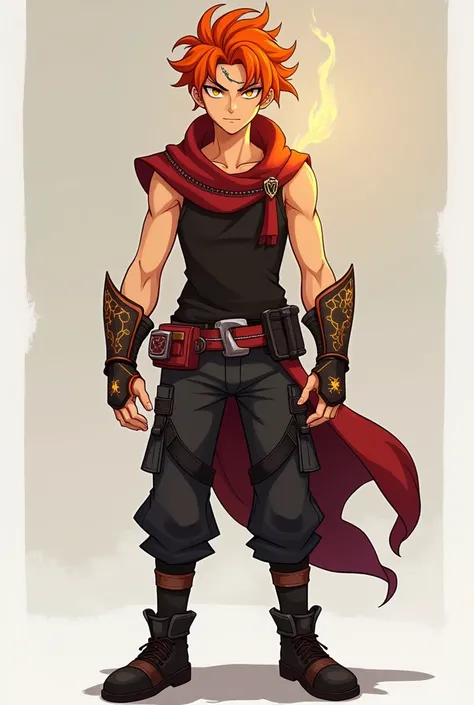 In anime style,"Ryn is a young fighter with a lean, athletic build, standing about 510". He has fiery orange hair, spiked with a slightly messy look, symbolizing his untamed spirit. His sharp amber eyes exude determination and mischief. Ryn wears a sleevel...