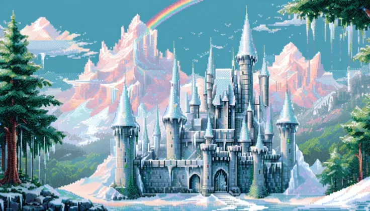 pixel art, scenery, Ice Kingdom, castle made of ice, ice castle, surrounded by snow covered trees, faint rainbow in the sky 