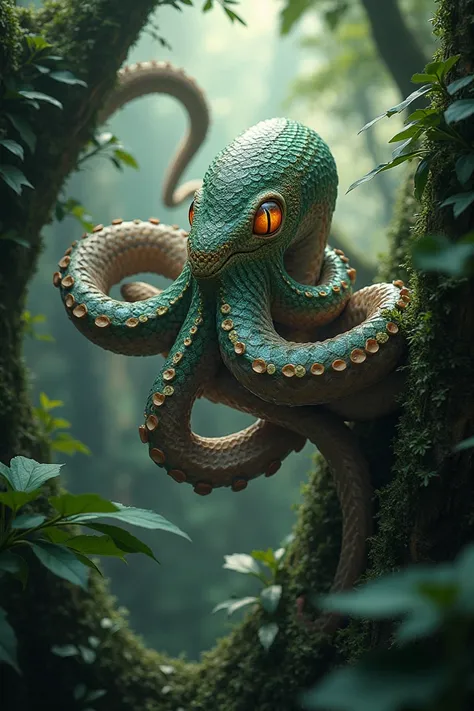 hybrid animal,  mix of a constrictor snake and an octopus.  Animal must be about two meters long . It lives among the branches of trees .