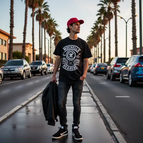 please make me a realistic photo of a 25 year old man standing on the street with palm trees in the background. He is wearing a black t-shirt with a graphic design on the front, black jeans, and black and white sneakers. He has a red baseball cap on his he...