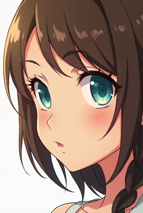 front and side female face, style misc of manga and disney art, turquoise blue eyes brown hair