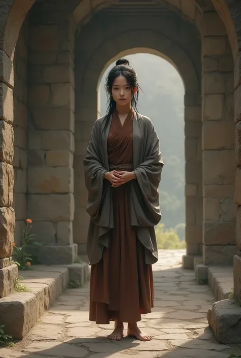 Beautiful gemale monk, brown and grey robes, black hair, mostly bald, bare feet, stone building in background, german woman 