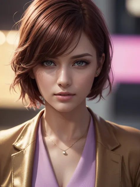 a beautiful 32 year old woman with short red hair, shimmering brown eyes, wearing a purple and pink blazer and skirt,(best quality,4k,8k,highres,masterpiece:1.2),ultra-detailed,(realistic,photorealistic,photo-realistic:1.37),intricate details,portrait,high...