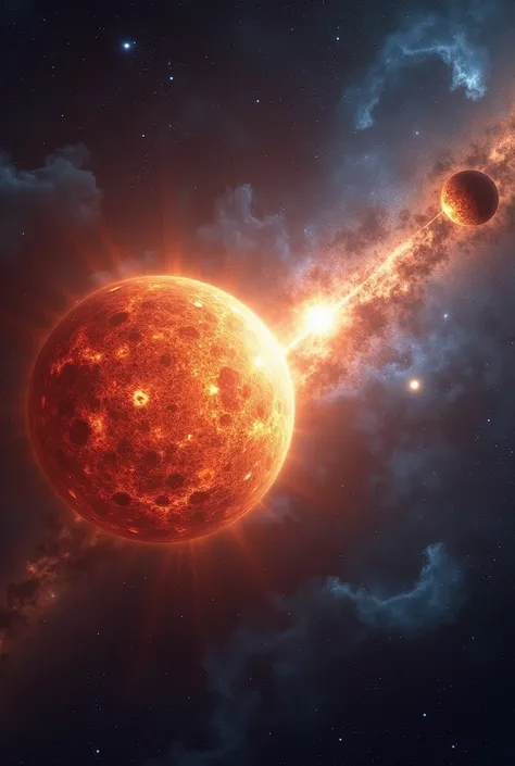  In the center of the scene ,  two bright stars are in a dynamic cosmic dance . To the left,  the inflated red giant emits pulses of intense light ,  while on the right ,  the smallest and most compact white dwarf absorbs material from its companion .  A b...