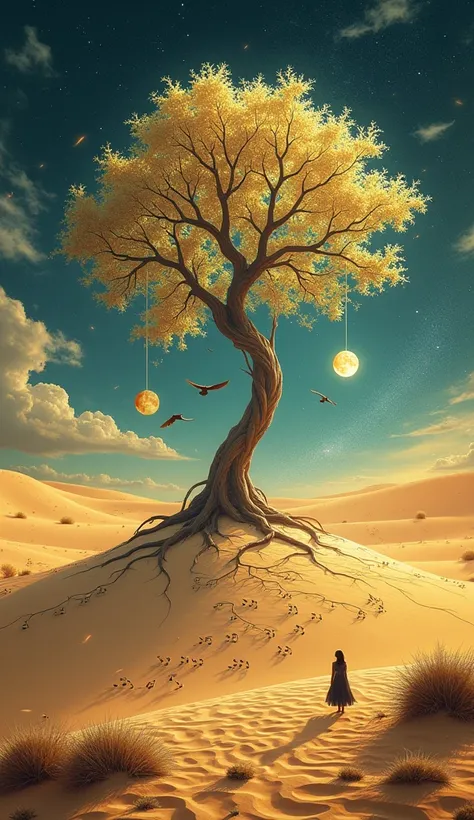  in the wilderness where golden sandstorms blow、 and a tree made of musical notes in the center 々A bird carrying the moon lurks 