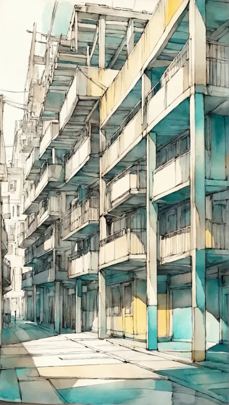  urban drawing style  .  of a seaport ,  using blurring and thick lines  , beige, coral, Turquesa, gray, yellow sketch  .   The outlines in black ink highlight the details of the structure and the urban elements,   while watercolor adds color and soft shad...