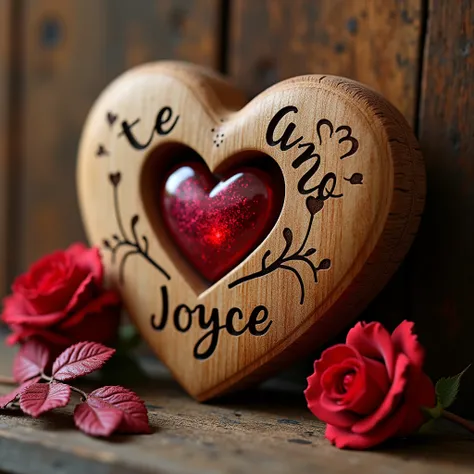  The image shows a wooden heart carved in the shape of a heart , com a frase te amo Joyce" engraved on it .   In the wooden heart there is a carved rose ,  and a bright red ruby in the shape of a heart .   In front of the wooden heart ,  there is a real re...