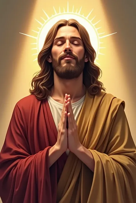  a front illustration of Jesus Christ in a prayer pose. ensure the following details are included: - Eyes: (must be closed )  And with rays coming out of his eyes - hands : (In a prayer position),  I want him with a friendly smile - background: (none,  foc...