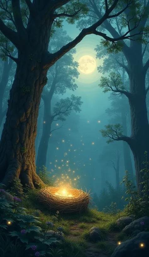  in the forest where the moon sets 、tree々whispers words of light 、 a nest woven of stars sleeps in the back of the forest