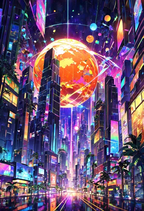  shining concrete jungle ,  skyscraper , flashy city Light, neon, Street lights, Light,  palm and bamboo trees growing at the bottom of the planet ,  huge approaching red ,  yellow and orange marble planet , The glow of cosmic rays, A sign of something , m...