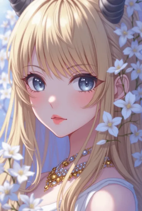 A close-up portrait in Japanese anime style, depicting a young woman with soft pale yellow long hair. The right side of her face and a large horn are clearly visible, while the left side is veiled by cascading layers of white jasmine flowers, creating visu...