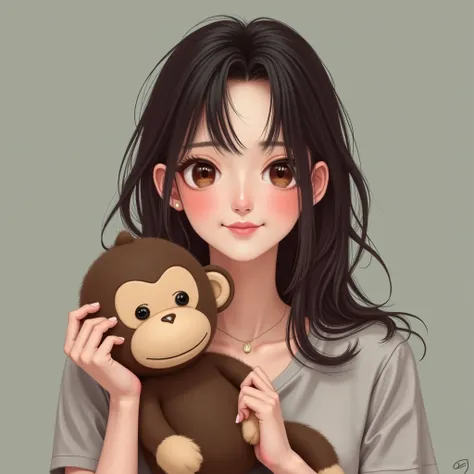 there is a woman holding a stuffed monkey in her hands, a photorealistic painting, a character portrait, by Lü Ji, realistic cute girl painting, kawaii realistic portrait, realistic anime art style, realistic anime 3 d style, cgsociety 9