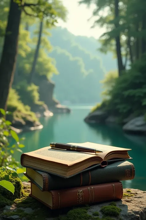 Beautiful place in nature ,  with a stack of books and a pen 