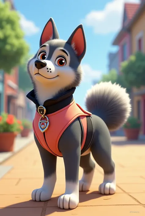 A male Akita, Paw patrol style, with peach and black colored clothes with gunpowder grey fur, a silver fuse like tail, presenting , presenting hindquarters fully naked nude 