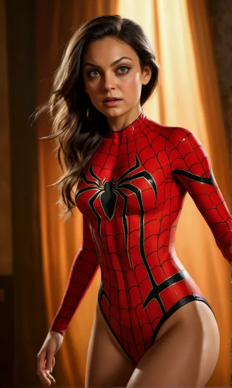 realistic beautiful young woman, 1girl, mila kunis, spider woman costume, skin tight bodysuit, extremely detailed face and body, vivid colors, dramatic lighting, action pose, groping womens breasts, confused bikini model, awkward comedy, (best quality,8k,h...