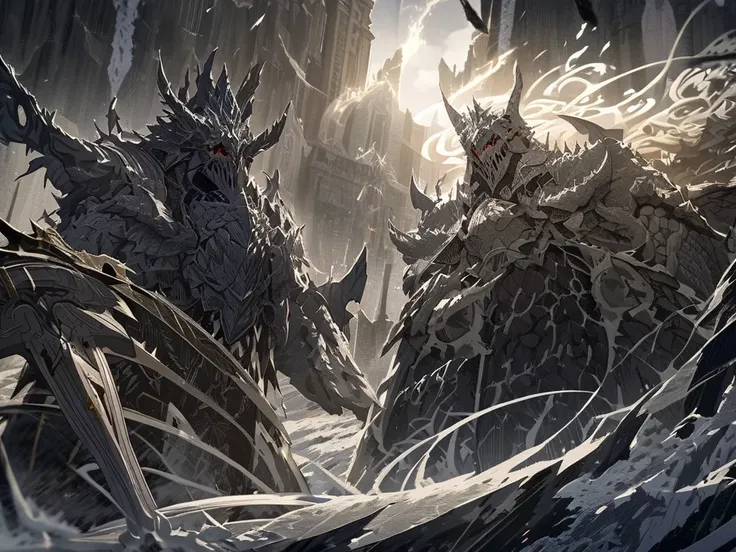 a dragonborn paladin fighting a death knight, epic battle scene, showcasing strength and valor, wounded characters on the ground, mystical background with swirling shadows, tension and intensity in the air, highly detailed character design