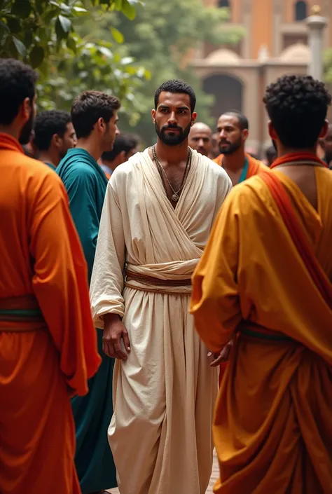 Man in humble robes at a party with more men and women in tunics 