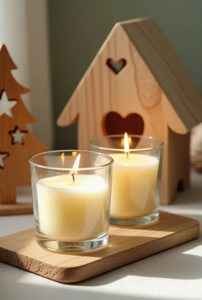  HANDMADE CANDLES IN TRANSPARENT GLASS CONTAINERS WITH CREAM-COLORED WAX WITH HANDICRAFTS IN NATURAL PINE WOOD IN THE SHAPE OF A HEART ,  TRIANGULAR SHAPE, ISOSCELES OF 2 SIDES OF 11 CENTIMETERS AND A BASE OF 7 CENTIMETERS, PRETENDING TO BE A CHRISTMAS PIN...