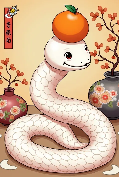 2025 New Years card、white snake、Kagami mochi、白蛇がKagami mochiの格好をしている、 is looking over here with an orange on its head
、The red and white mizubiki is wrapped around the torso、Tokonoma、hanging scroll、pot、Of a vase
