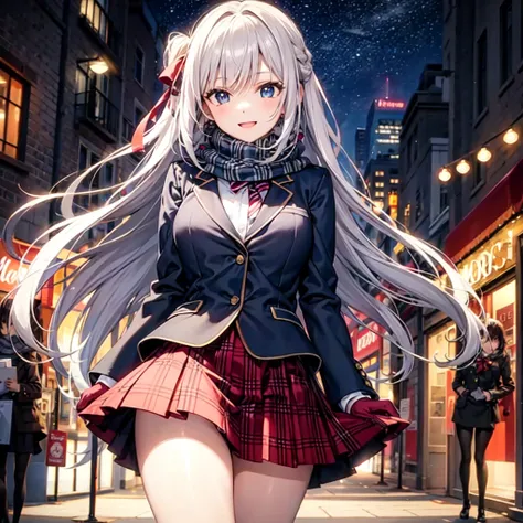 “A teenage girl walking through a beautifully illuminated city street at night, surrounded by glowing decorations and festive lights. She is dressed warmly in a cozy coat, scarf, and gloves, her expression a mix of wonder and joy as she takes in the sparkl...