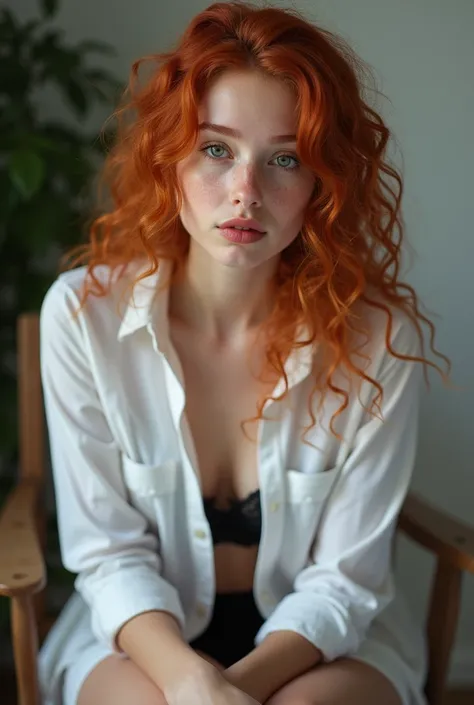 Young red-haired Polish girl , 18 years old,  with freckles on her face ,  green eyes ,  lips wearing pink lipstick , baby face,  curly hair, sitting on a chair in a white shirt and black panties from renda Vestido com uma camisa branca , ((( without bra )...