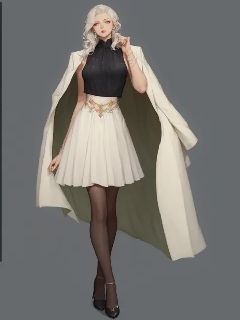  a close up of a woman wearing a white skirt and coat, Conceptual fashion art, dressed in long, flowing clothes , Made with Anime Painter Studio, digital art of an elegant,  full length portrait of a short girl !, , De Girls Frontline, detailed full body c...