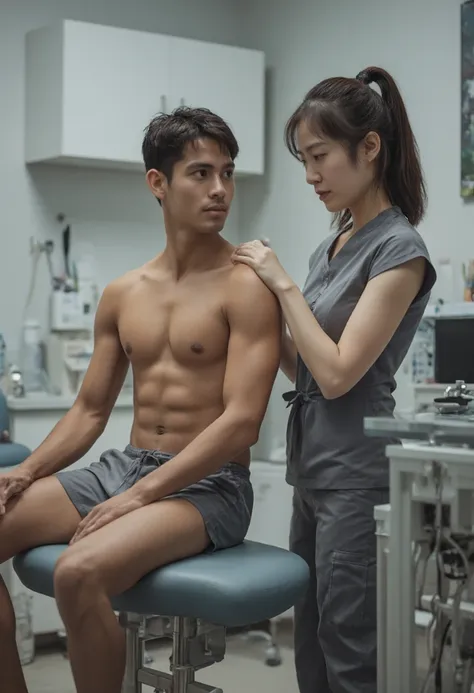 athletic early 20s caucasian man wearing athletic shorts and topless sitting on examination table in medical exam room, athletic asian female nurse wearing sleeveless scrubs  talking to him, hand on his shoulder. photograph