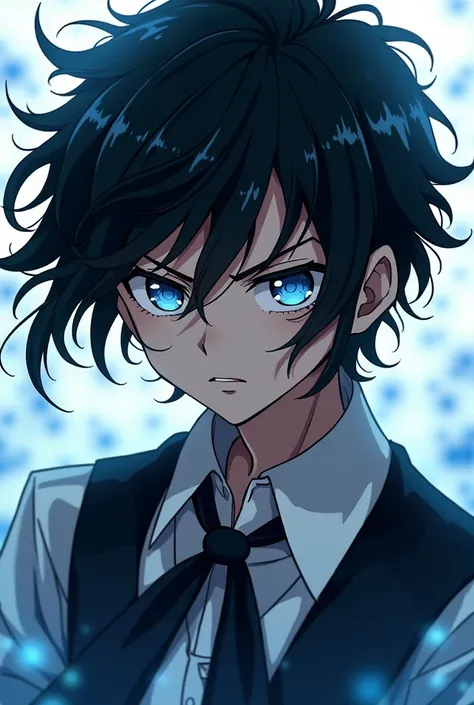 Boy with black hair and watery locks with light blue eyes and a serious attitude but also makes the anime style Kimetsu no Yaiba angry