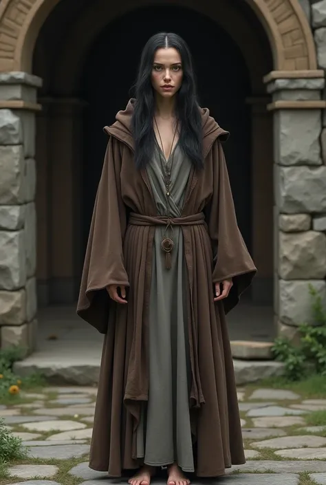 Beautiful gemale monk, brown and grey robes, black hair, mostly bald, bare feet, stone building in background, german woman, very deep v neck