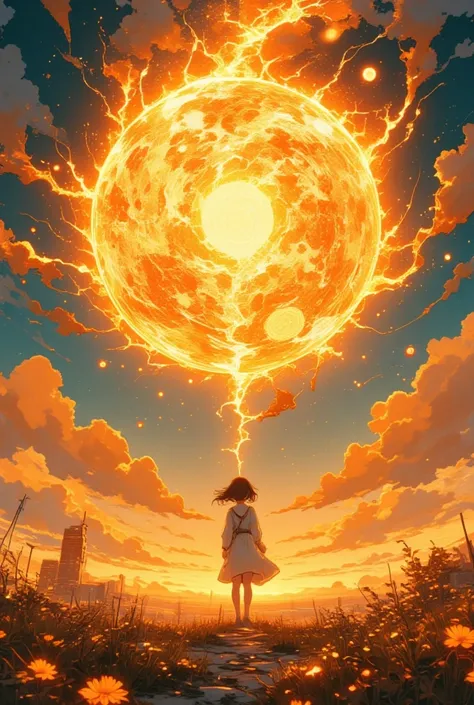 girl standing at sun surface looking solor tornado.solar tornado of sun.focus on solar tornado. close-up of solar tornado. surrealism